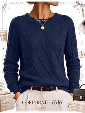 Cable Knit Crew Neck Long Sleeve Pullover Sweater Cotton Blend Fall Winter